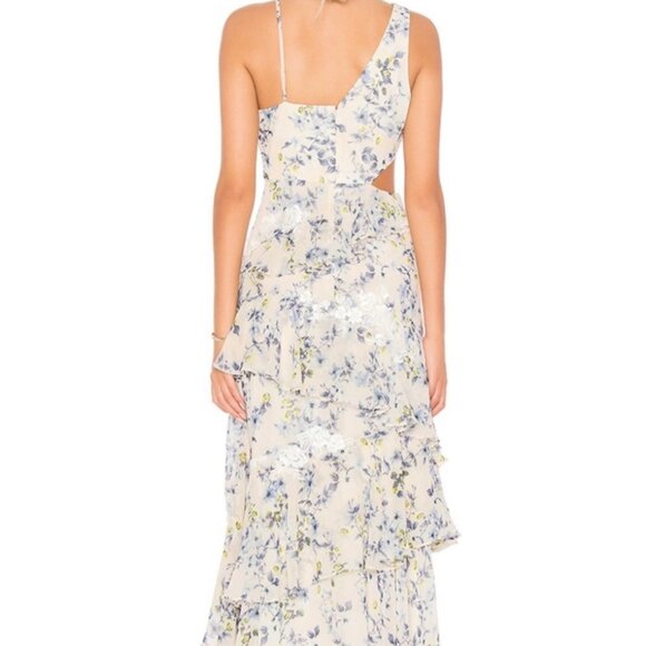 BCBG MAXAZRIA Asymmetrical Ruffle Gown in Blue Floral NWOT Size 2 - Picture 5 of 14